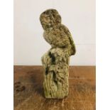 A Weathered Stone Owl on a Tree Stump Standing Approx. 55cm Tall