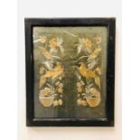 A Framed Embroidered Chinese Silk of Birds and Flora in Gold and Cream