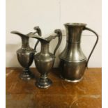 A Pair of Tall French Etain Du Manoir Pewter Claret Jugs ( 35cm Tall) and a large Pewter Pitcher