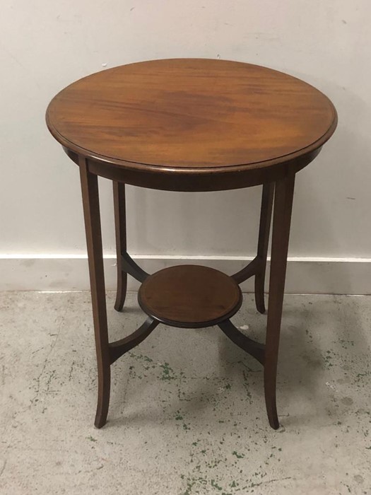 An occasional table with decorative inlay on four tapered legs with lower shelf H 72cm x D 60cm