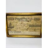 An 1820 framed Plymouth Dock Bank, one pound note.