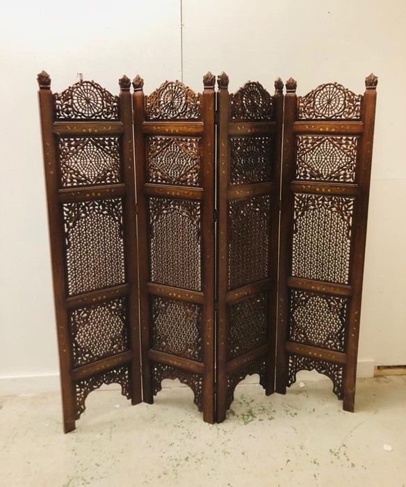 An Ornate Carved Wooden Screen with Brass Detail Inlay