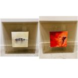 A Set Of Two Abstract Acrylics Framed On Bevelled Smoke Glass