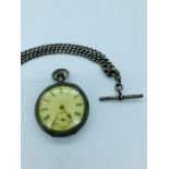 A silver pocket watch and chain (127g)