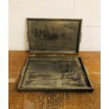 Two Pewter Trays With Handles, Stamped with the initials SL. One with a Fleur-de-lys sign and the