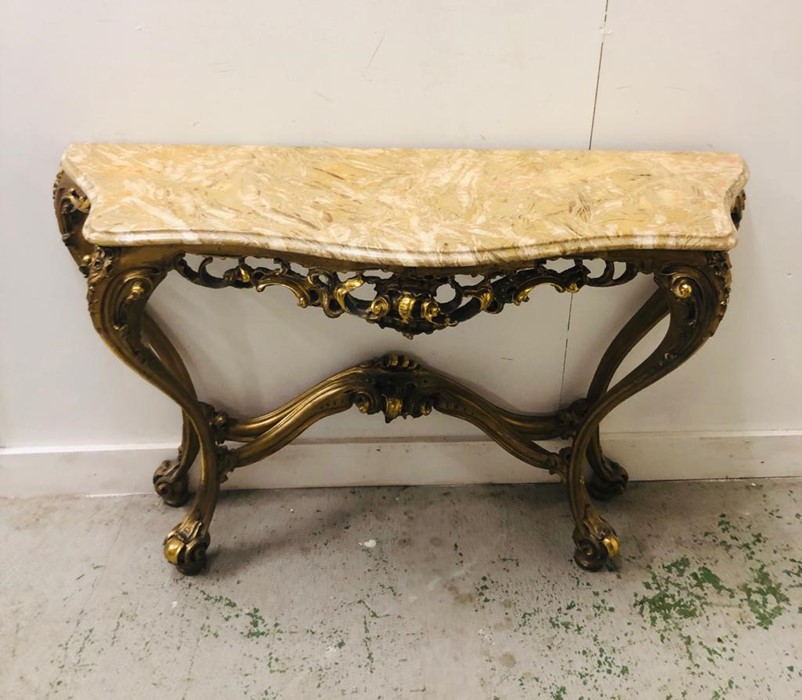 A gilt Rococo style console table with marble top 125cm x 79cm x 40cm - Image 2 of 4