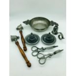 A selection of Small Pewter Items to Include a Quaich by Etain Du Manoir, Two Candle Snuffers, Two