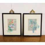 A Pair of framed hand painted mother of pearl by V. Cheng