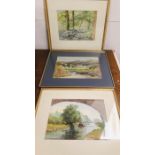 A Set of three framed signed watercolour by Joyce Hirst, The Pink Barge, Mountain Village,