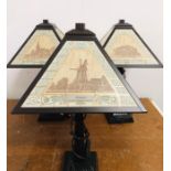 Three table lamps with four sided Wraysbury themed shades.