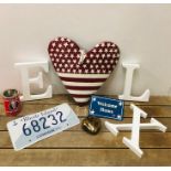 A Selection of decorative tin items including wooden letters E,L,X with an American theme