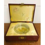 A Chinese wooden box with padded silk lining and glass bowl insert (30cm X 23cm)