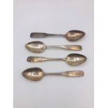 A selection of four silver teaspoons, possibly Dundee 1812-13 hallmark.