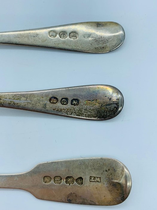 Three silver teaspoons one marked WT 1792-93 London and two further Georgian spoons. - Image 2 of 2