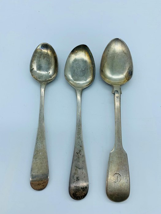 Three silver teaspoons one marked WT 1792-93 London and two further Georgian spoons.