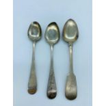 Three silver teaspoons one marked WT 1792-93 London and two further Georgian spoons.