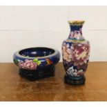 A Chinese cloisonné vase on wooden stand with matching bowl on stand