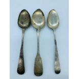 Three silver spoons: One by William Bateman London 1819-20, signed E James, 1830 Robert Henwell