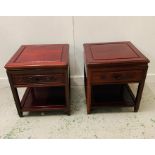 A Pair of oriental cherry wood square side tables with lower shelf