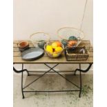 A Selection of four wire baskets with artificial fruit, an oval metal dish and terracotta flower pot