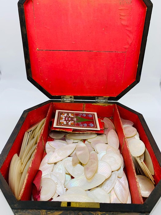 An Oriental work box containing a large number of Mother of Pearl gaming tokens. - Image 2 of 3