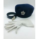 A Vintage British Airways Stewardess Hat, gloves and Belt.