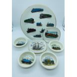 Decorative plates and small dishes by Carlton Ware , Wood and Sons all with a railway theme