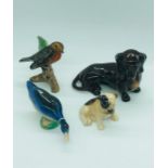 A selection of china animals to include a Royal Doulton Bull Dog, Branksome Duck and Dachshund and