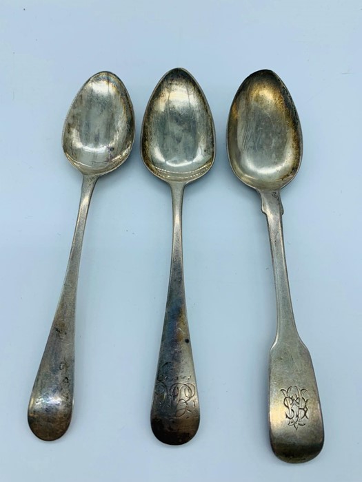 Three silver spoons various hallmarks and makers, London 1824, 1789 and makers mark WB and RH