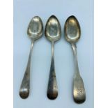 Three silver spoons various hallmarks and makers, London 1824, 1789 and makers mark WB and RH