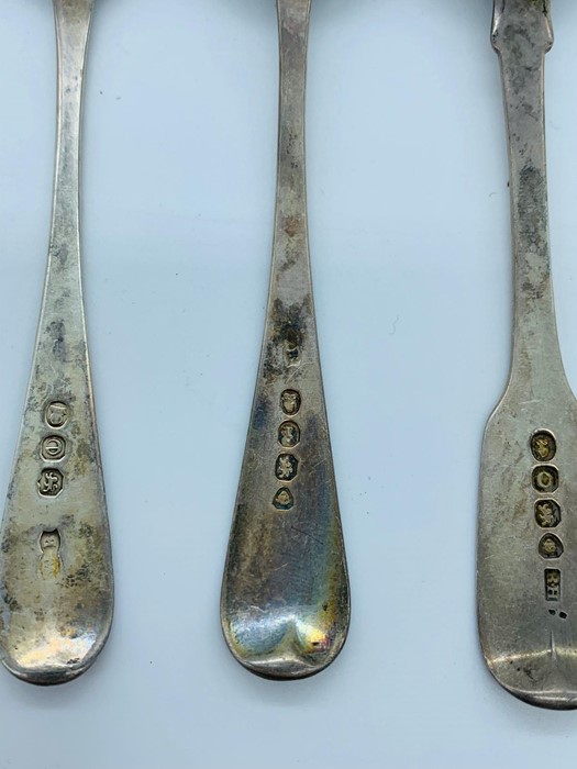 Three silver spoons various hallmarks and makers, London 1824, 1789 and makers mark WB and RH - Image 2 of 2