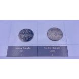 Two 1875 Ga-den Tangha silver coins from Tibet