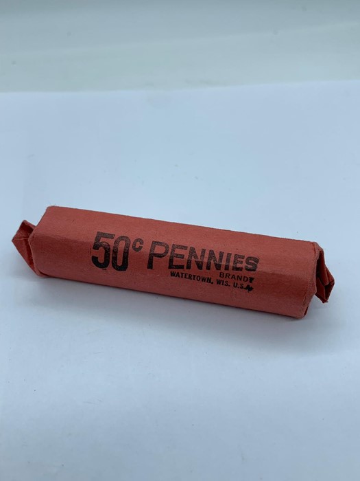 A roll of 50c pennies (Brand Warertown WIS USA)
