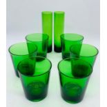 A Set of six green Italian water glasses and two matching bud vases