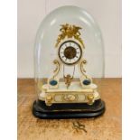 French Alabaster mantel clock, enamelled chapter ring with swinging cherub, movement stamped