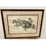 A charcoal drawing of two racehorses, jumping by Norman Hoad