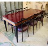 A Mid Century Italian Dining Table, glass topped and six dining chairs.