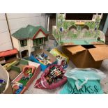 A Vintage toy farm set, castle, wooden dolls house and other items