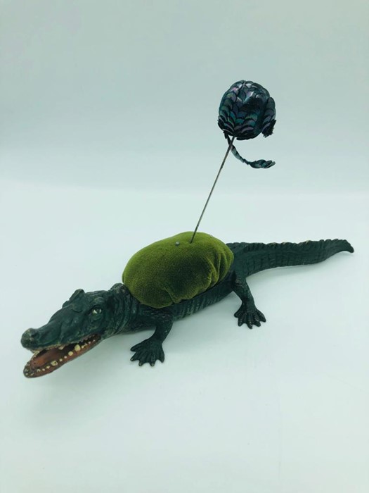 A Bergman Austrian bronze alligator, originally with lid now converted into a pin cushion bearing