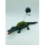 A Bergman Austrian bronze alligator, originally with lid now converted into a pin cushion bearing