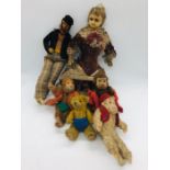 A Selection of six vintage soft toys to include a wax doll and Farnell alpha toy monkey