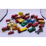 A selection of Matchbox fire engines, Morris pick ups and Vintage cars