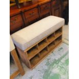 A Shoe storage hallway bench with grey patterned cushion top (W97cm D35cm H58cm)