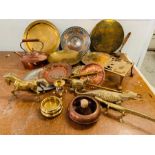 A Selection of brass and copper items to include a copper kettle and brass animals
