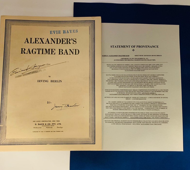 Alexander's Ragtime Band' sheet music by Irving Berlin signed by Irving Berlin and Evie Hayes with a