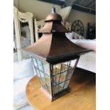 A Very large copper and leaded glass Victorian lantern style light with large industrial style