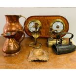 A large selection of various metal ware including copper jug, iron, candlesticks.