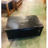 A Large black metal trunk bearing the name Parham