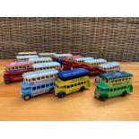 Fourteen vintage double decker buses, various makers.