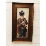 A framed painting of a man playing a wind instrument and carrying a bugle